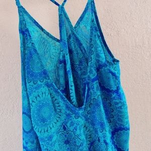 Sheer-teal, mandala beaded  feather blouse tank.
